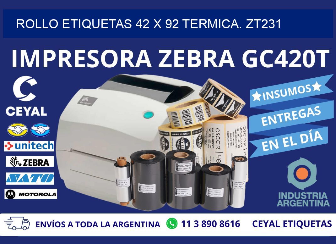 Rollo etiquetas 42 x 92 termica. zt231