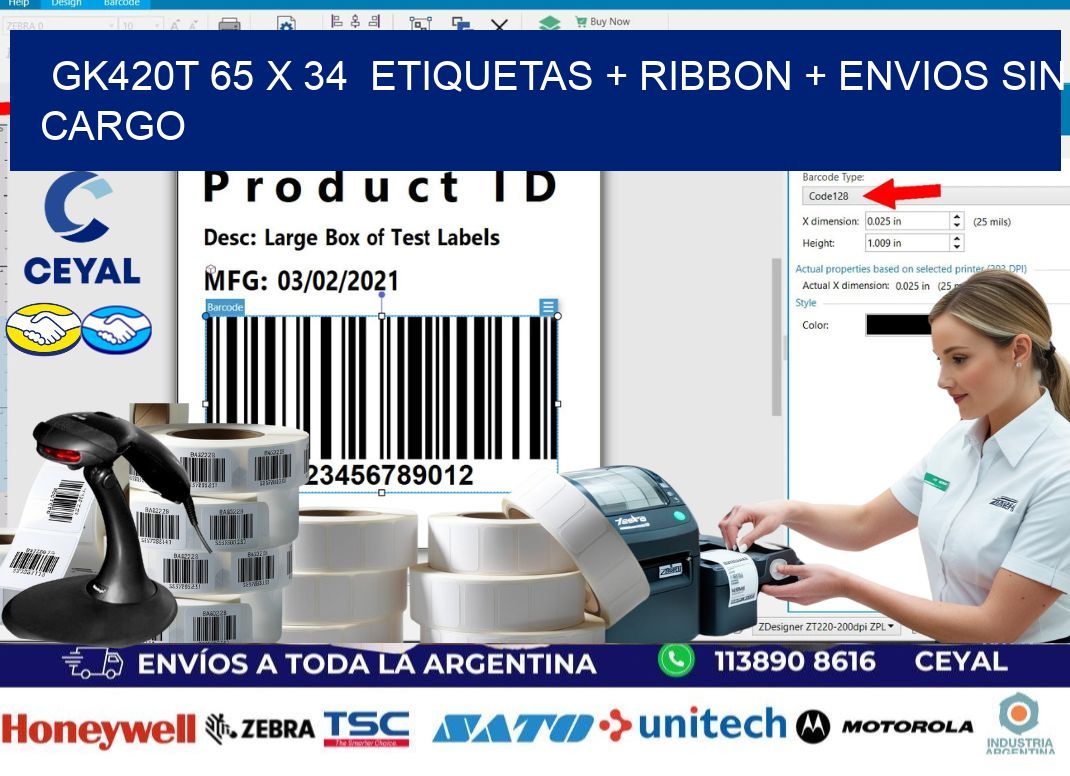 GK420T 65 x 34  etiquetas + ribbon + envios sin cargo