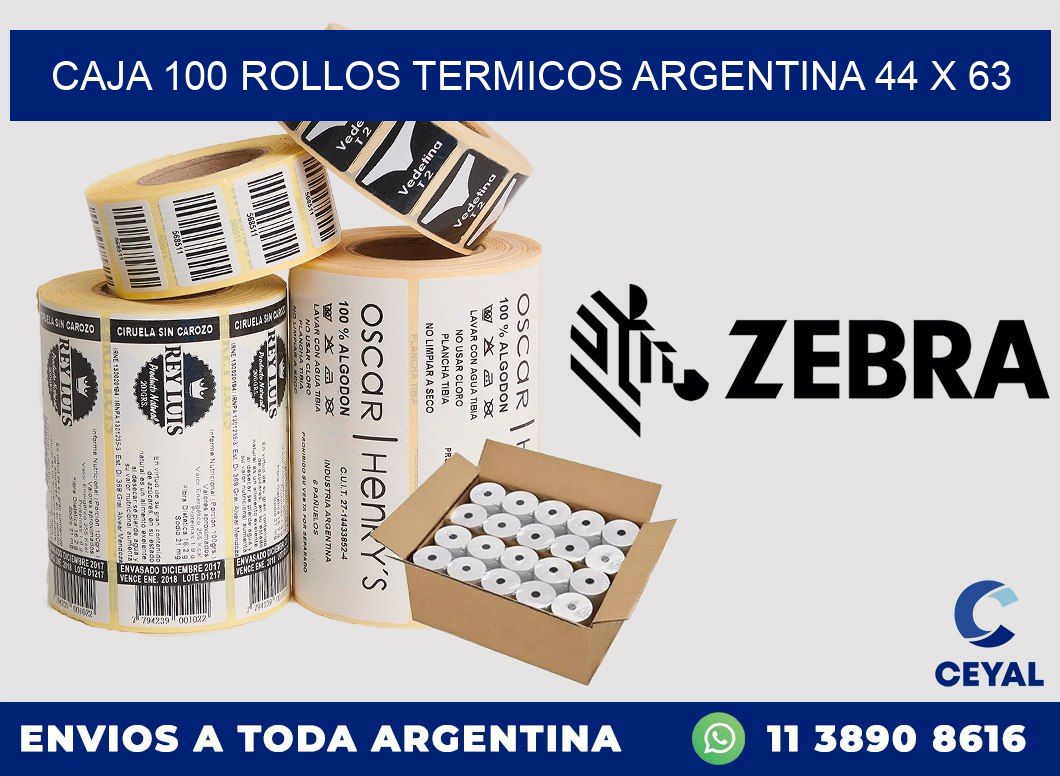CAJA 100 ROLLOS TERMICOS ARGENTINA 44 x 63