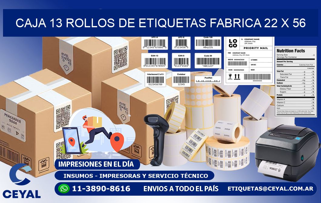 CAJA 13 ROLLOS DE ETIQUETAS FABRICA 22 x 56