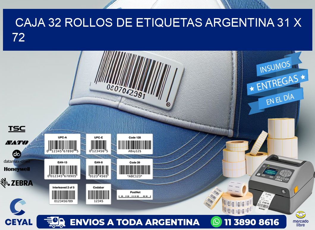 CAJA 32 ROLLOS DE ETIQUETAS ARGENTINA 31 x 72