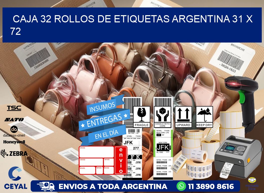 CAJA 32 ROLLOS DE ETIQUETAS ARGENTINA 31 x 72