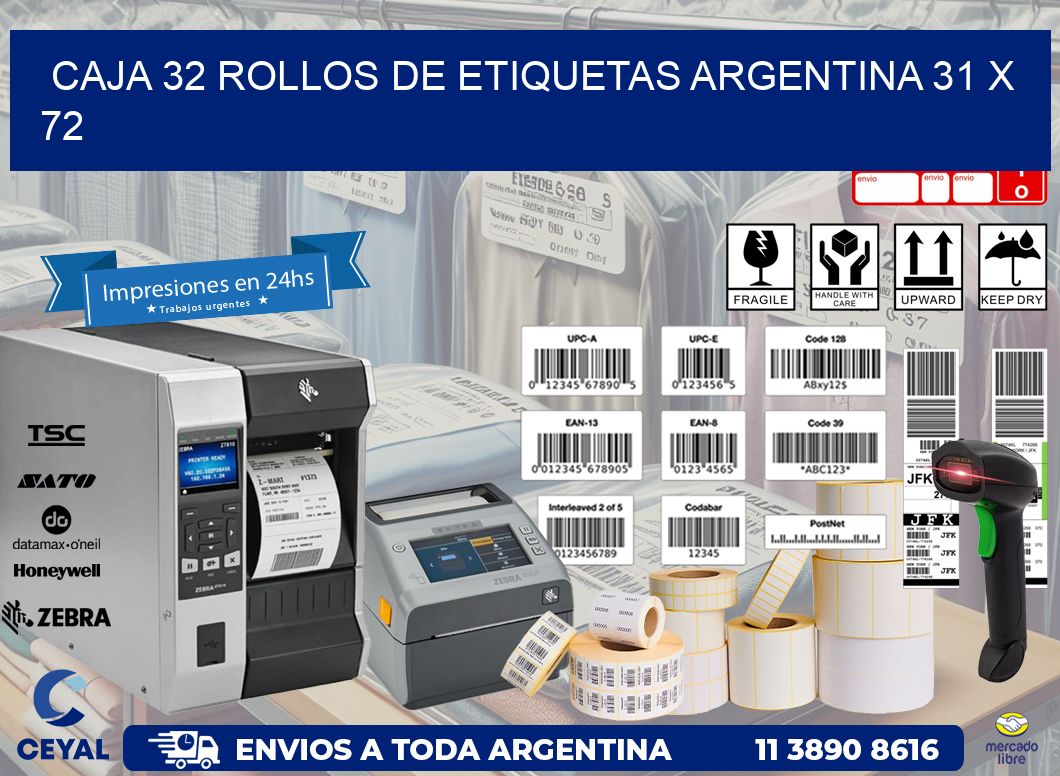 CAJA 32 ROLLOS DE ETIQUETAS ARGENTINA 31 x 72