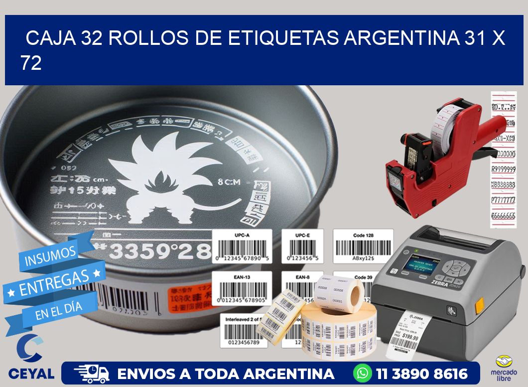 CAJA 32 ROLLOS DE ETIQUETAS ARGENTINA 31 x 72
