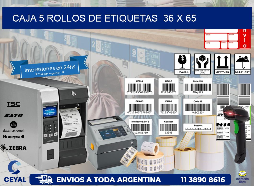 CAJA 5 ROLLOS DE ETIQUETAS  36 x 65