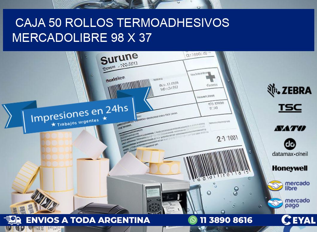 CAJA 50 ROLLOS TERMOADHESIVOS MERCADOLIBRE 98 x 37