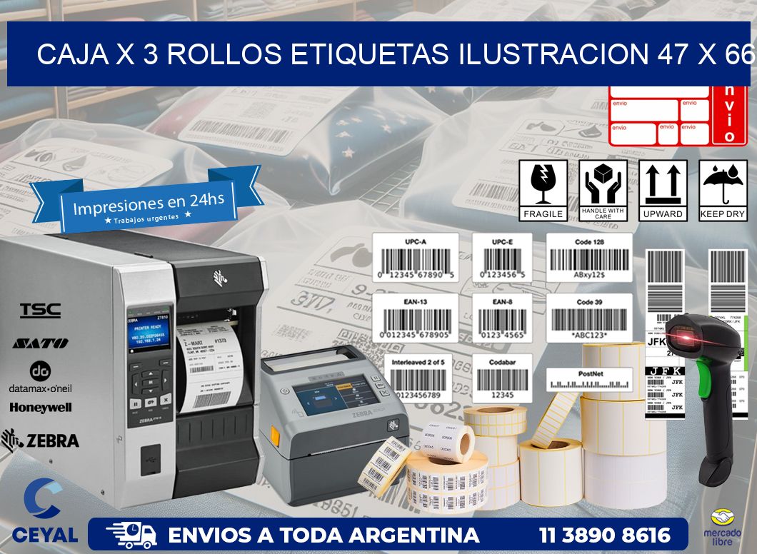 Caja X 3 Rollos Etiquetas Ilustracion 47 x 66