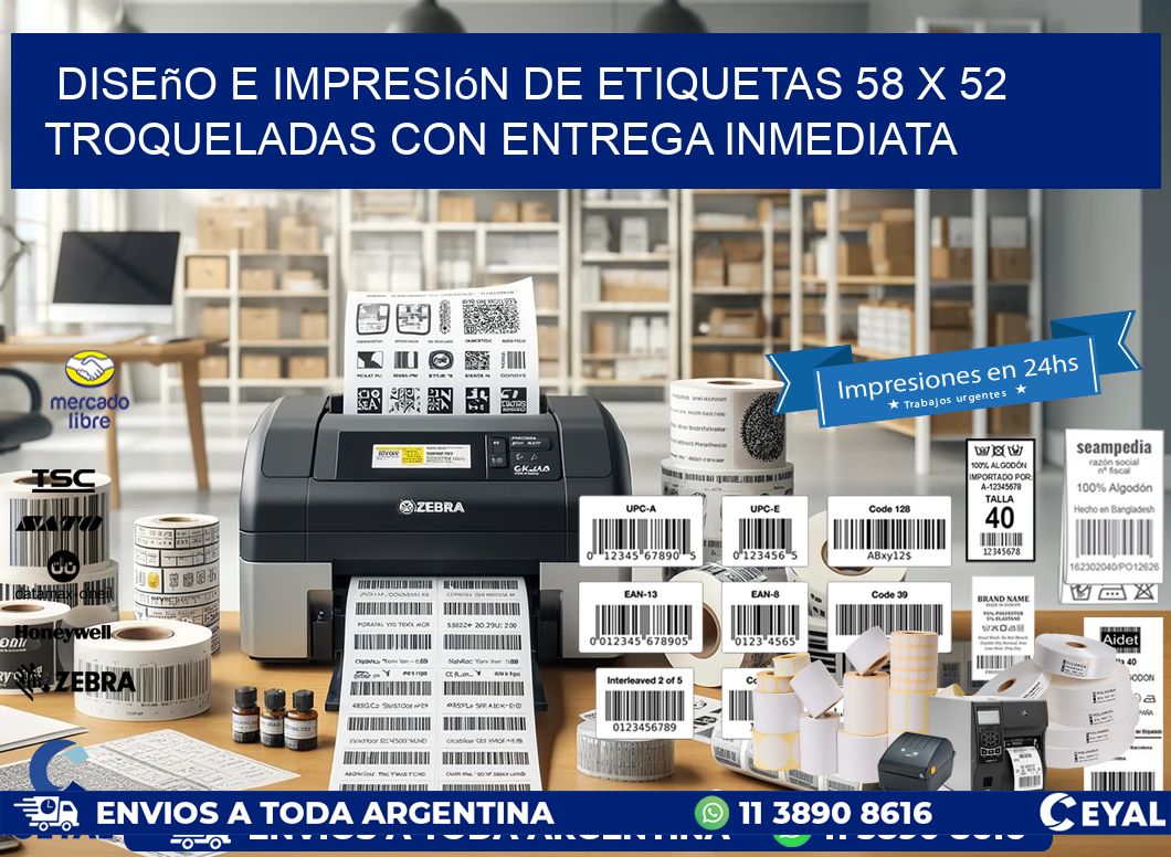 Diseño e impresión de etiquetas 58 x 52 troqueladas con entrega inmediata