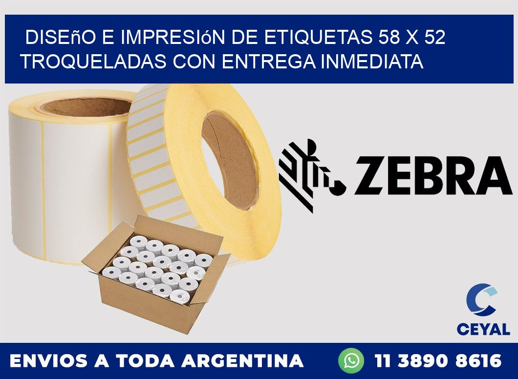 Diseño e impresión de etiquetas 58 x 52 troqueladas con entrega inmediata