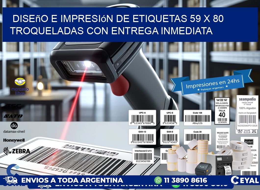 Diseño e impresión de etiquetas 59 x 80 troqueladas con entrega inmediata