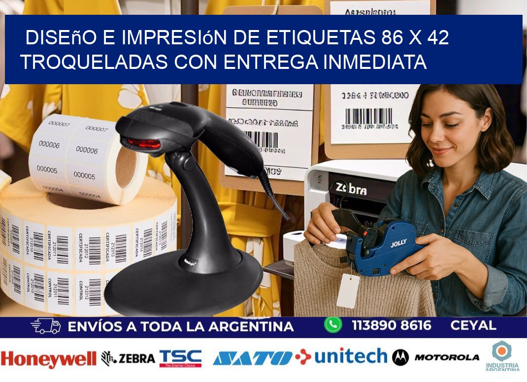 Diseño e impresión de etiquetas 86 x 42 troqueladas con entrega inmediata
