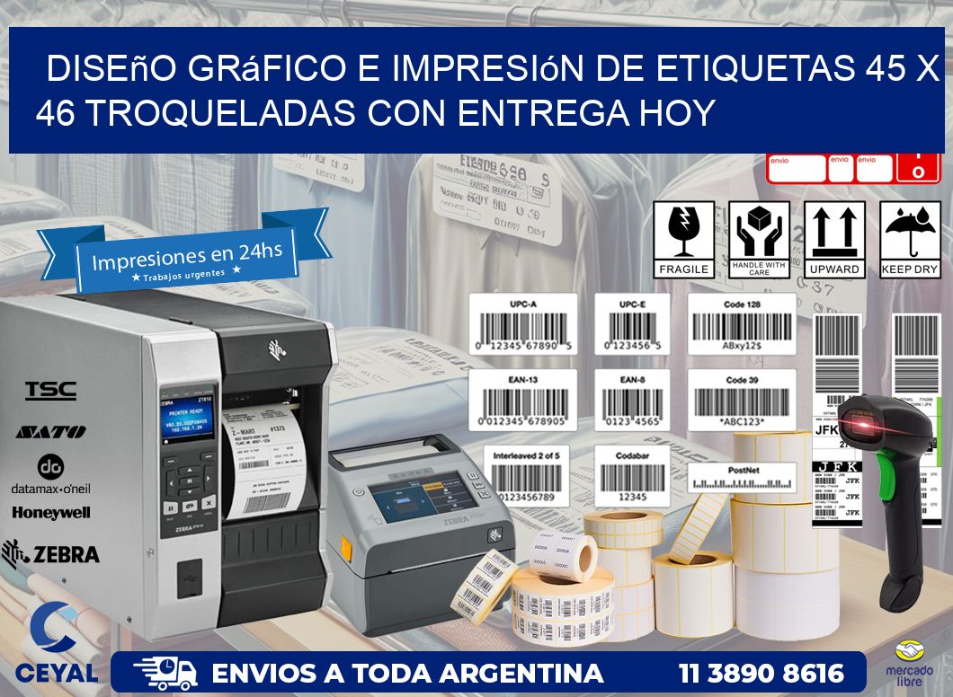 Diseño gráfico e impresión de etiquetas 45 x 46 troqueladas con entrega hoy