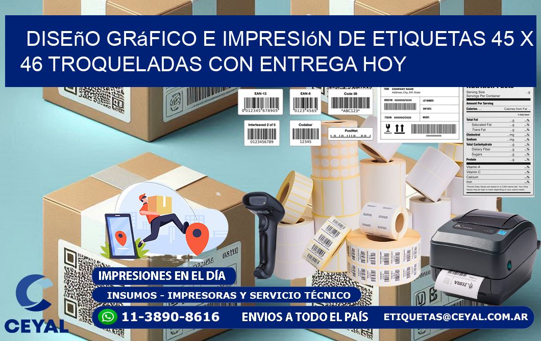 Diseño gráfico e impresión de etiquetas 45 x 46 troqueladas con entrega hoy