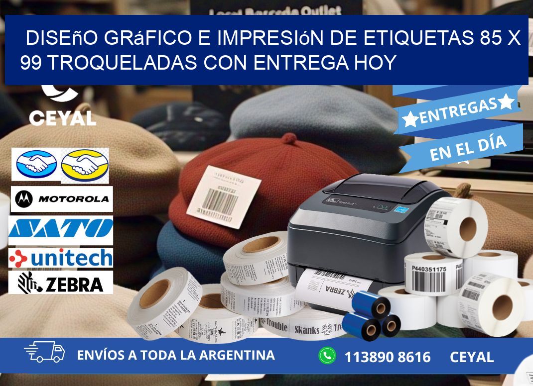Diseño gráfico e impresión de etiquetas 85 x 99 troqueladas con entrega hoy