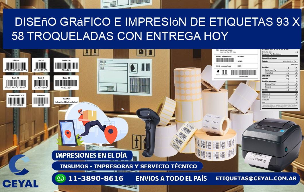 Diseño gráfico e impresión de etiquetas 93 x 58 troqueladas con entrega hoy