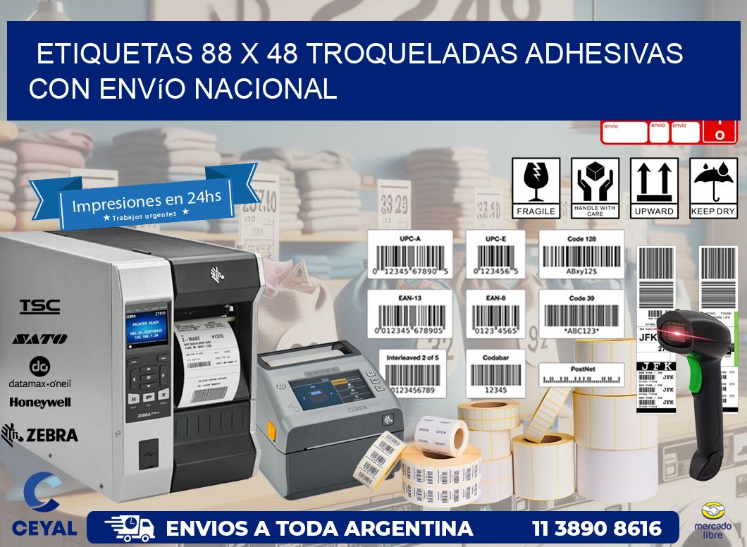 Etiquetas 88 x 48 troqueladas adhesivas con envío nacional