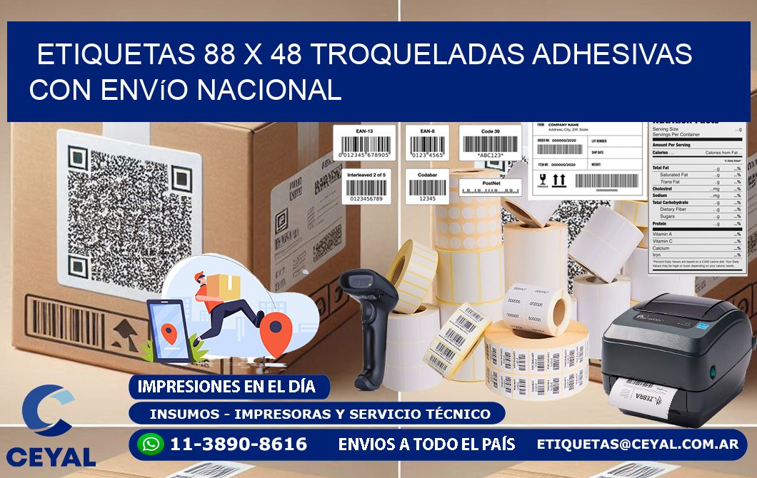 Etiquetas 88 x 48 troqueladas adhesivas con envío nacional