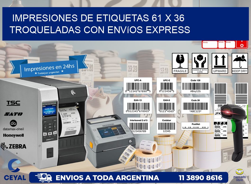 Impresiones de etiquetas 61 x 36 troqueladas con envíos express