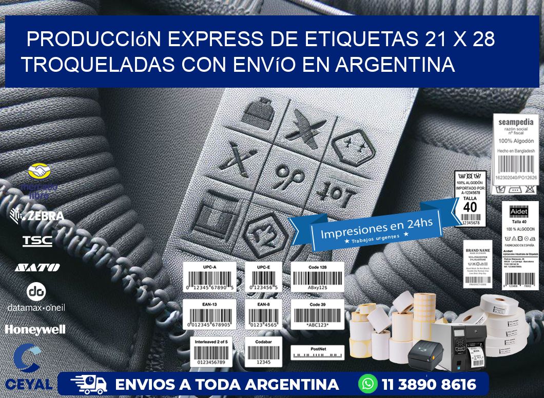 Producción express de etiquetas 21 x 28 troqueladas con envío en Argentina