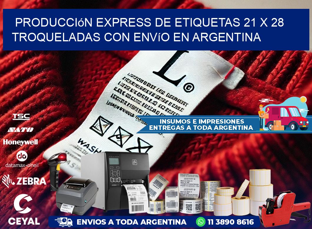Producción express de etiquetas 21 x 28 troqueladas con envío en Argentina