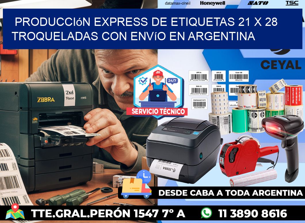 Producción express de etiquetas 21 x 28 troqueladas con envío en Argentina