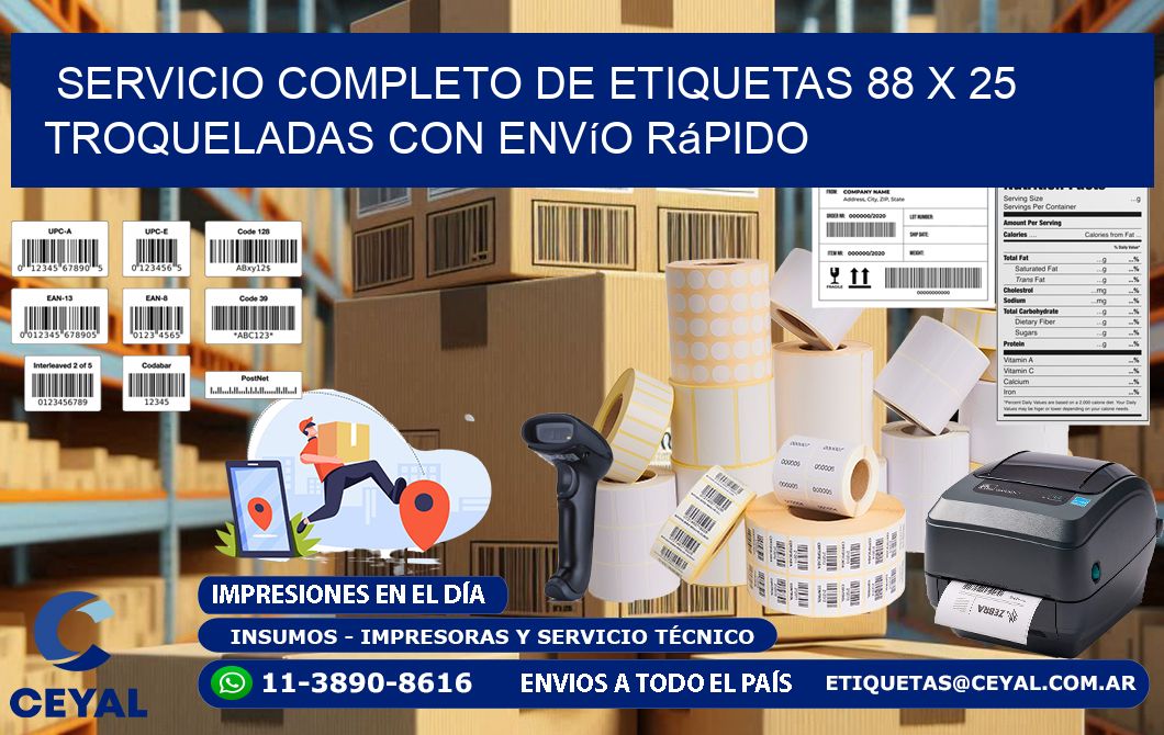 Servicio completo de etiquetas 88 x 25 troqueladas con envío rápido