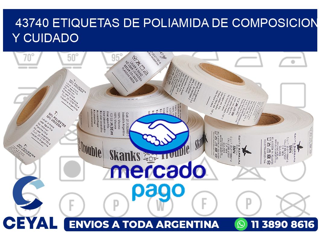 43740 etiquetas de poliamida de composicion y cuidado