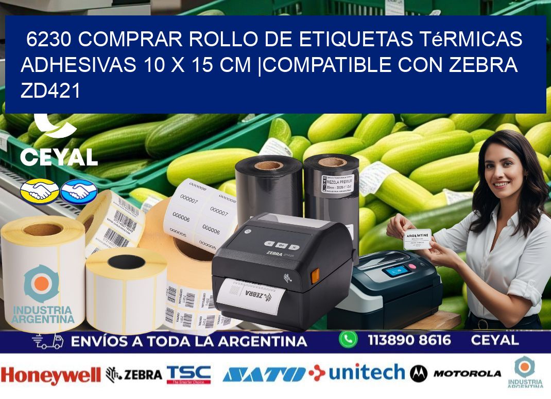 6230 Comprar Rollo de Etiquetas Térmicas Adhesivas 10 x 15 cm |Compatible con Zebra ZD421