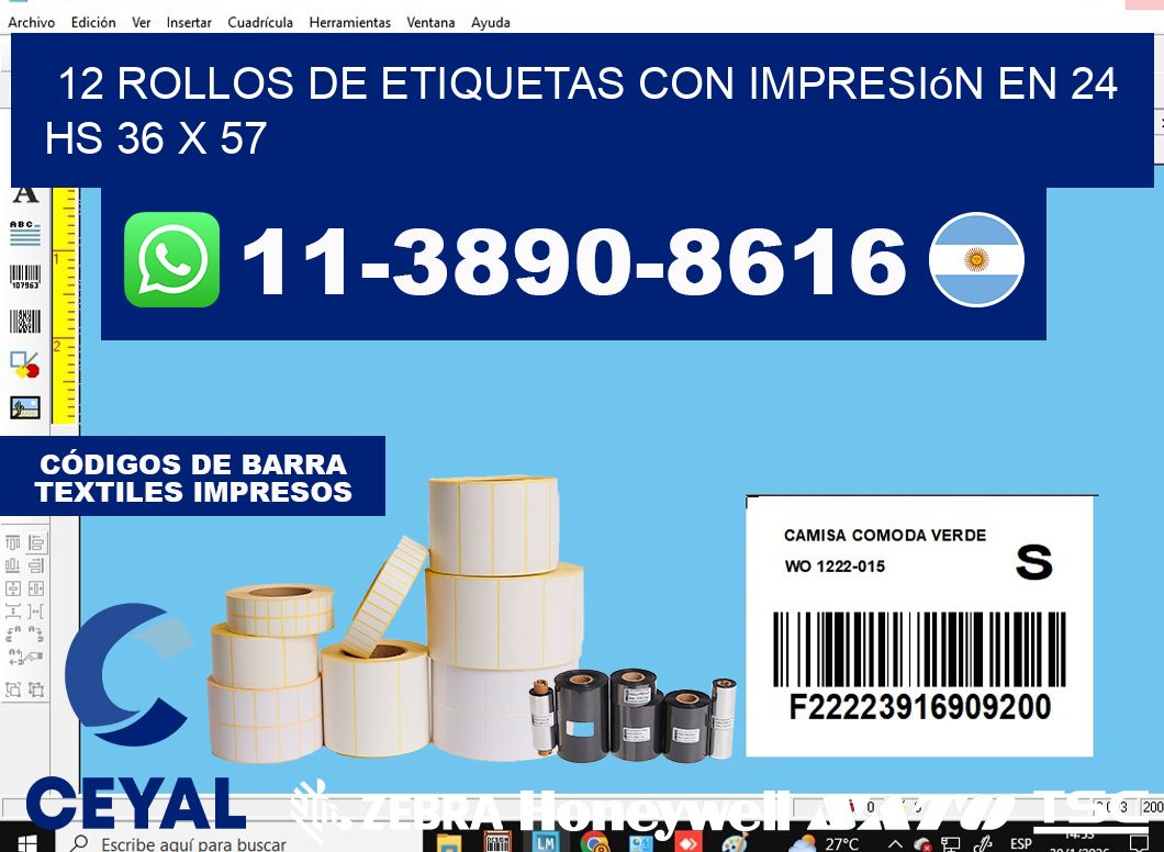 12 rollos de etiquetas con impresión en 24 hs 36 x 57