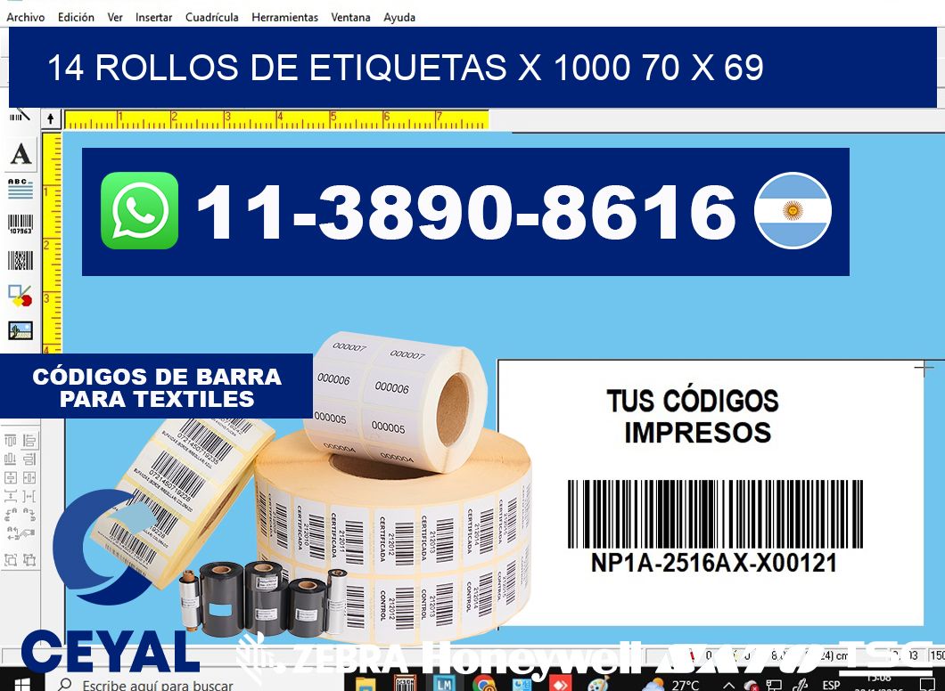 14 rollos de etiquetas x 1000 70 x 69