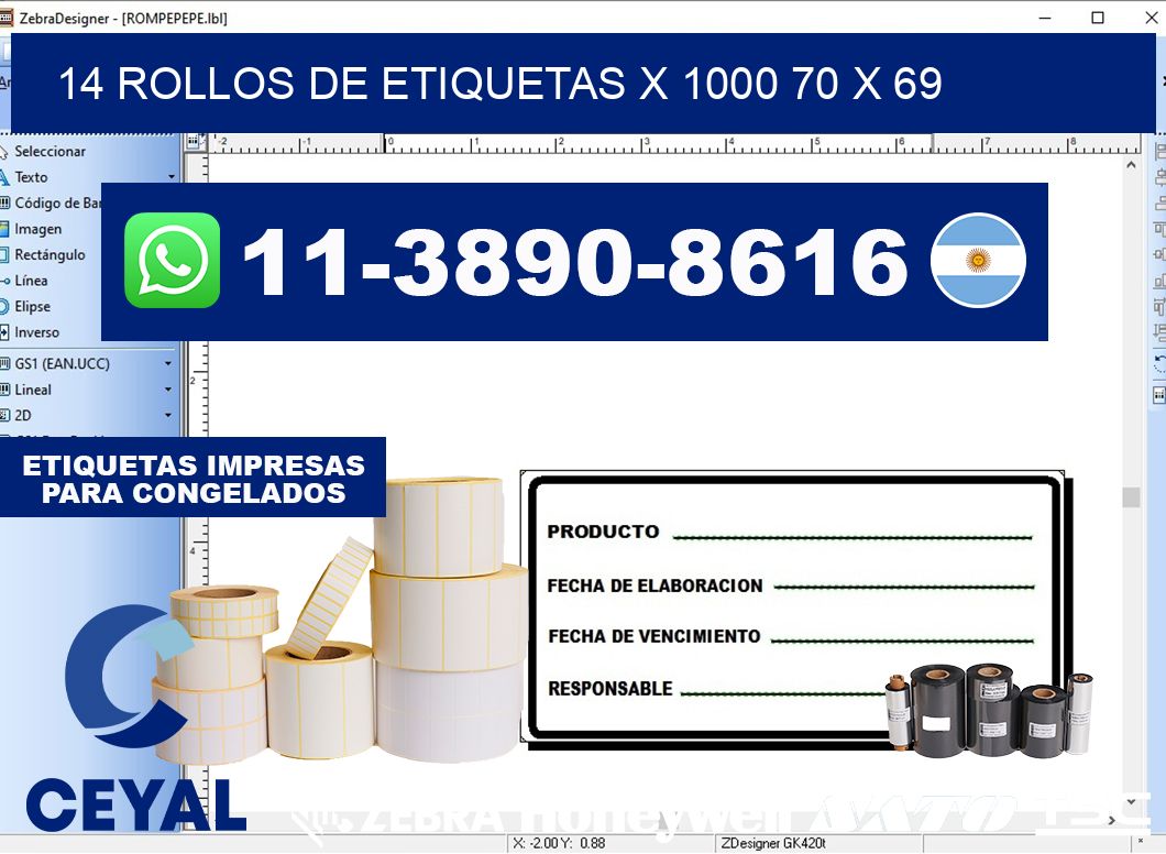 14 rollos de etiquetas x 1000 70 x 69