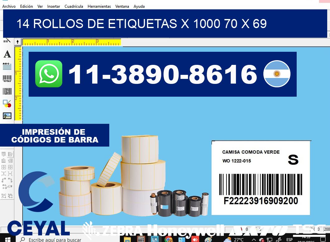 14 rollos de etiquetas x 1000 70 x 69