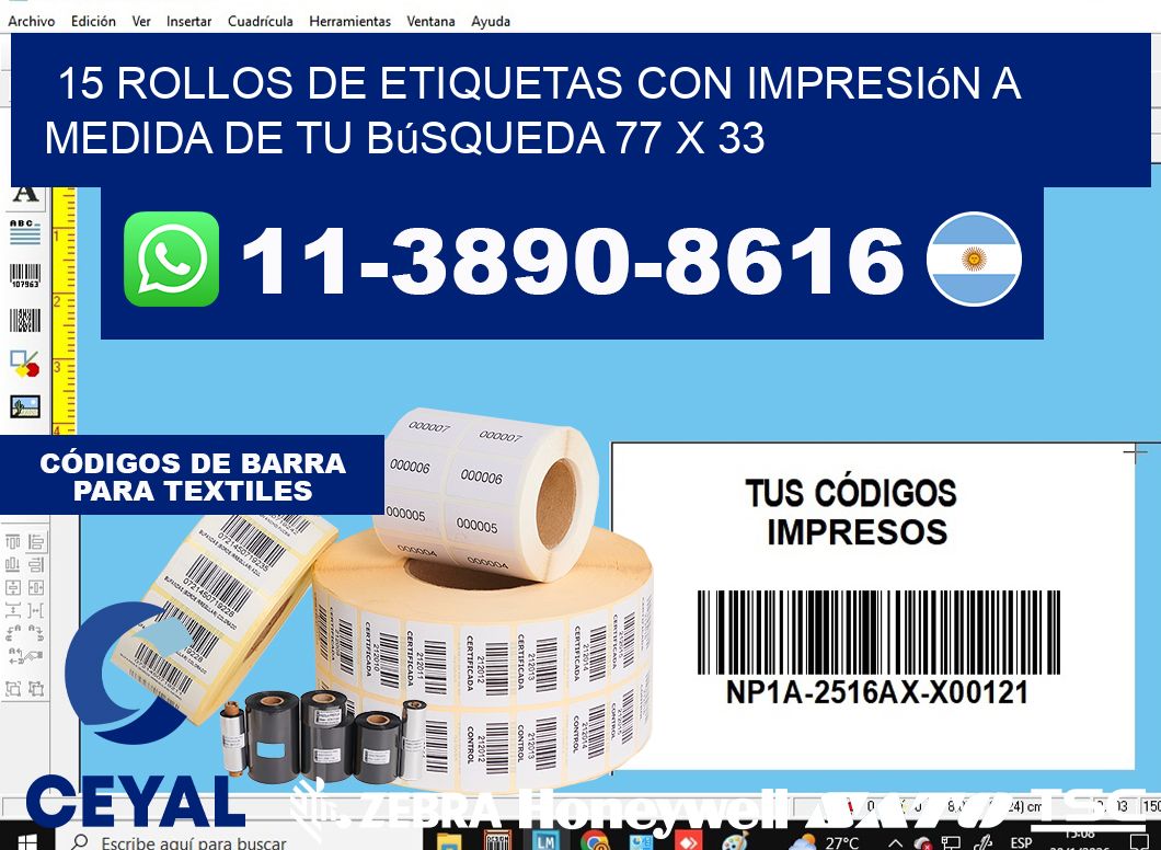 15 rollos de etiquetas con impresión a medida de tu búsqueda 77 x 33