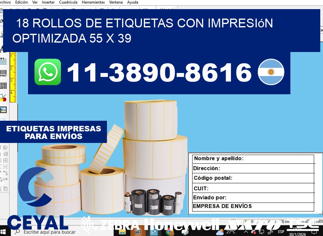 18 rollos de etiquetas con impresión optimizada 55 x 39