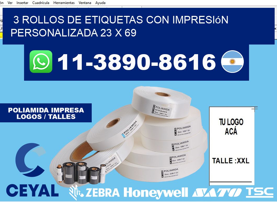3 rollos de etiquetas con impresión personalizada 23 x 69