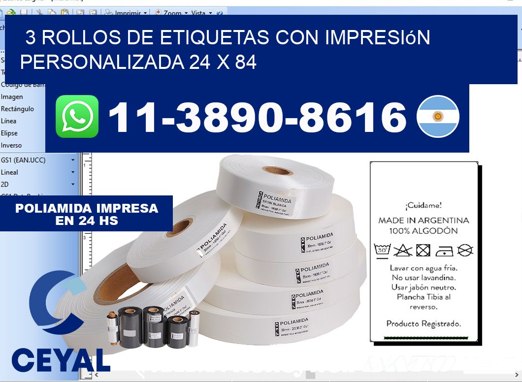 3 rollos de etiquetas con impresión personalizada 24 x 84