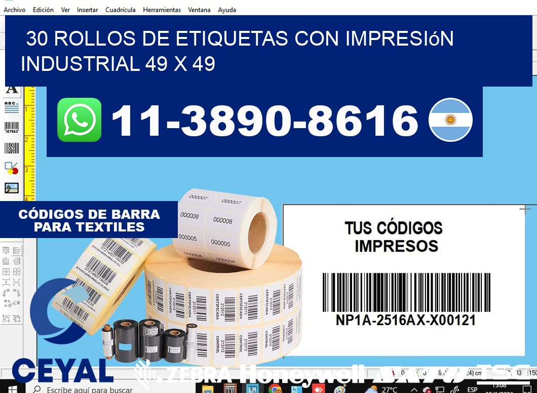 30 rollos de etiquetas con impresión industrial 49 x 49