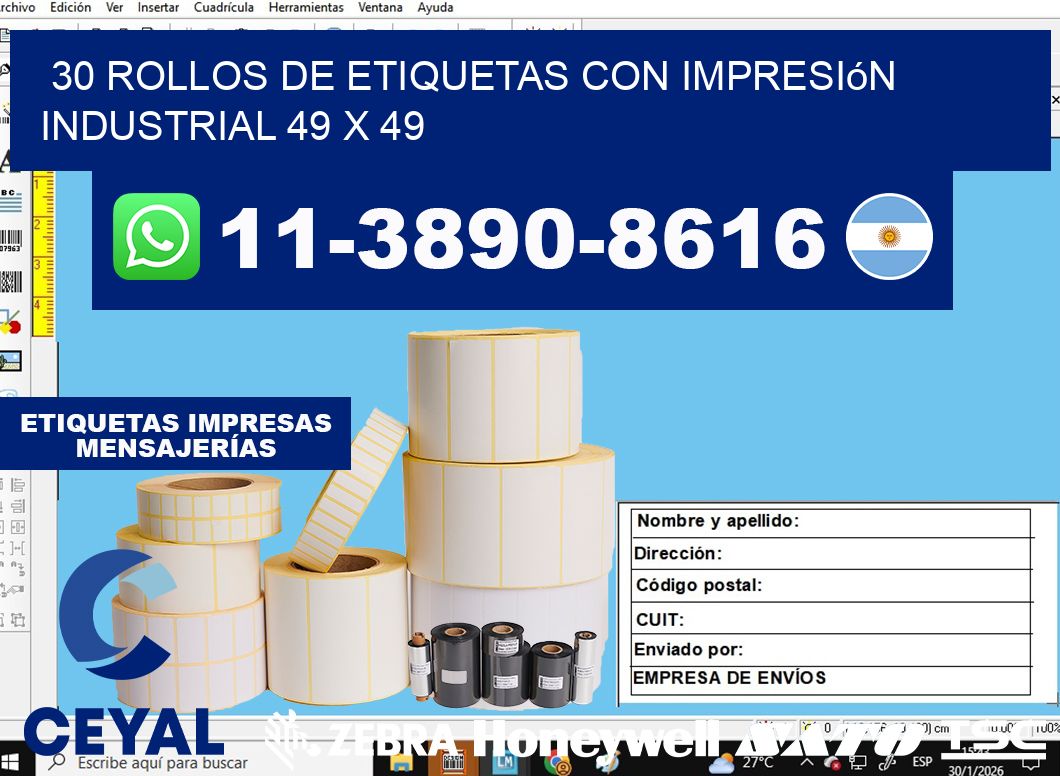 30 rollos de etiquetas con impresión industrial 49 x 49