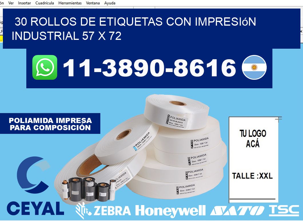 30 rollos de etiquetas con impresión industrial 57 x 72