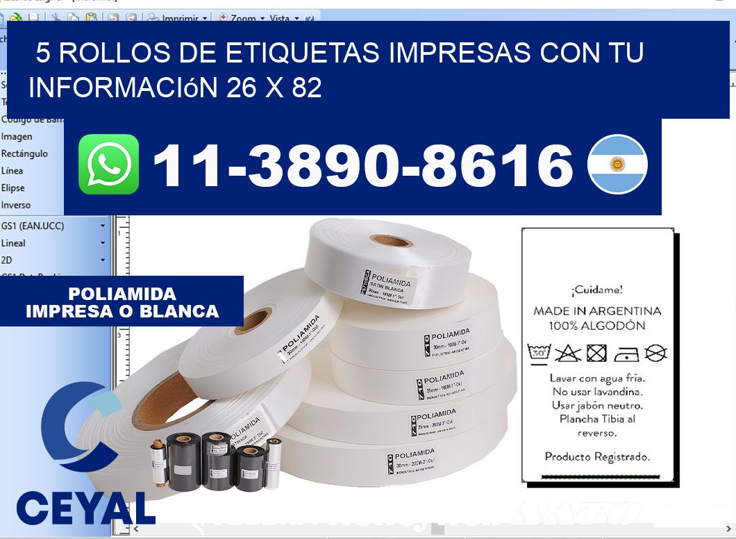 5 rollos de etiquetas impresas con tu información 26 x 82