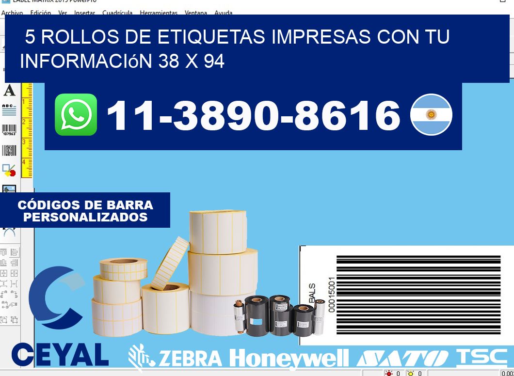 5 rollos de etiquetas impresas con tu información 38 x 94