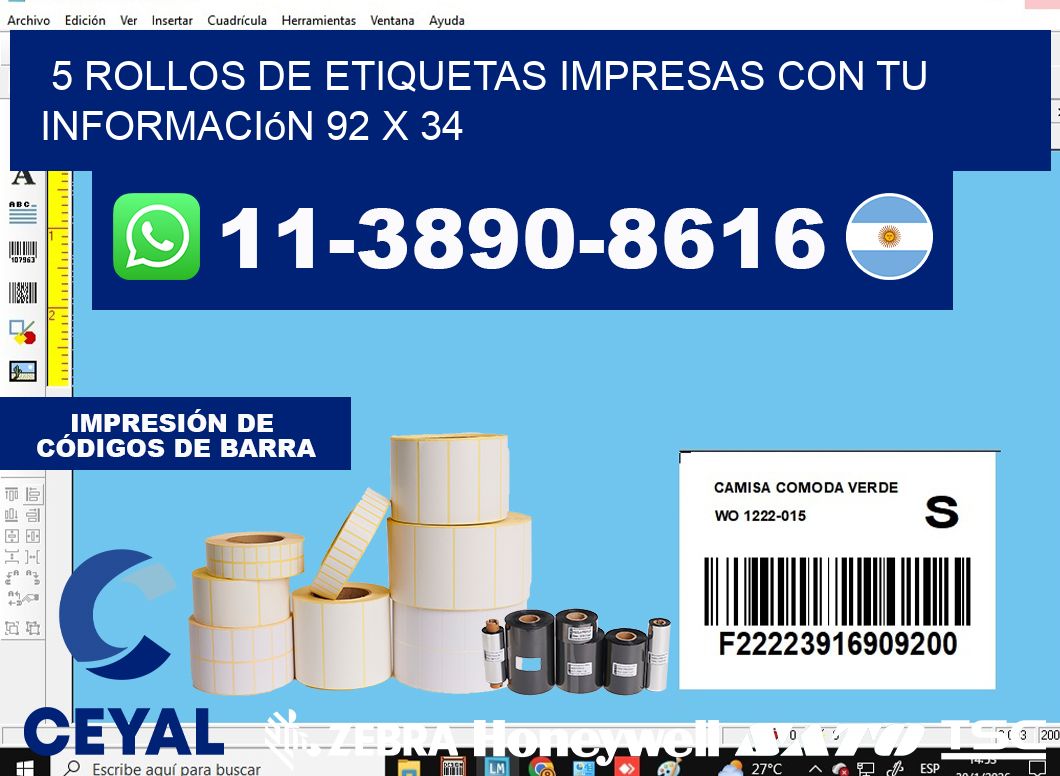 5 rollos de etiquetas impresas con tu información 92 x 34