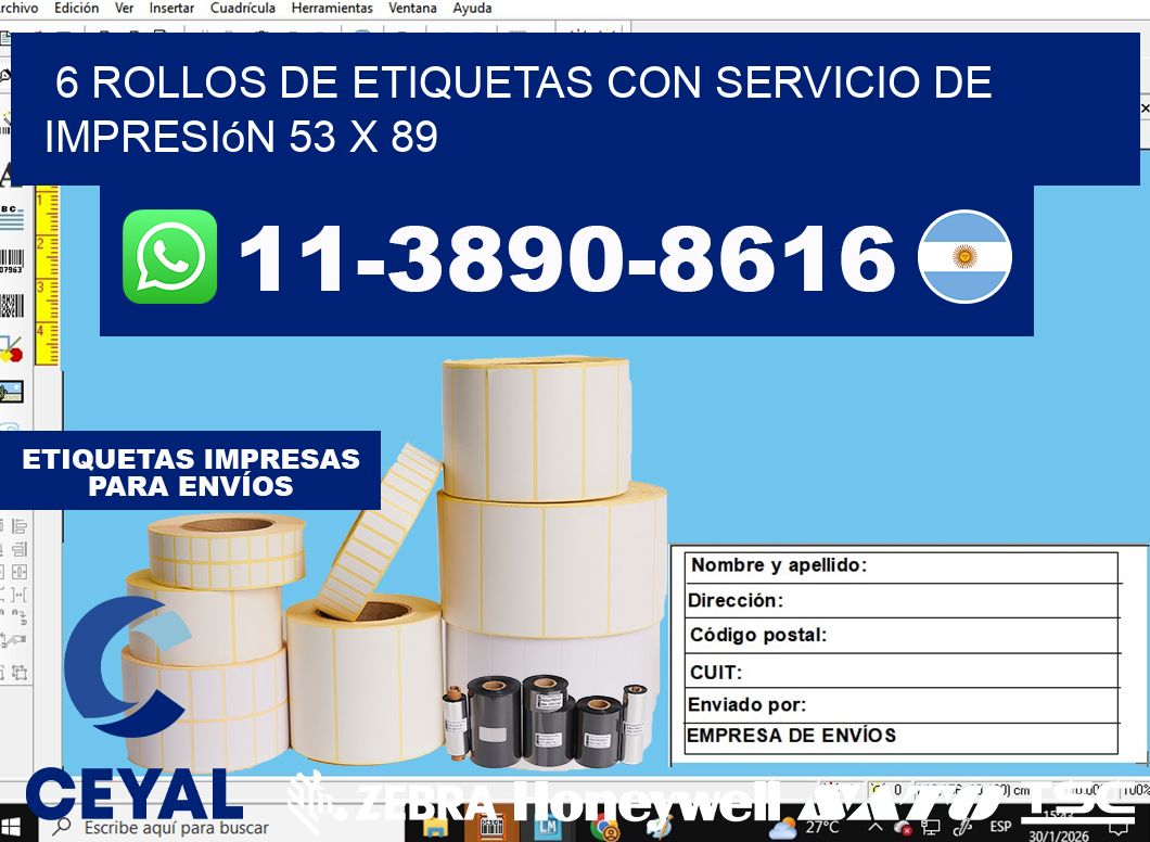 6 rollos de etiquetas con servicio de impresión 53 x 89