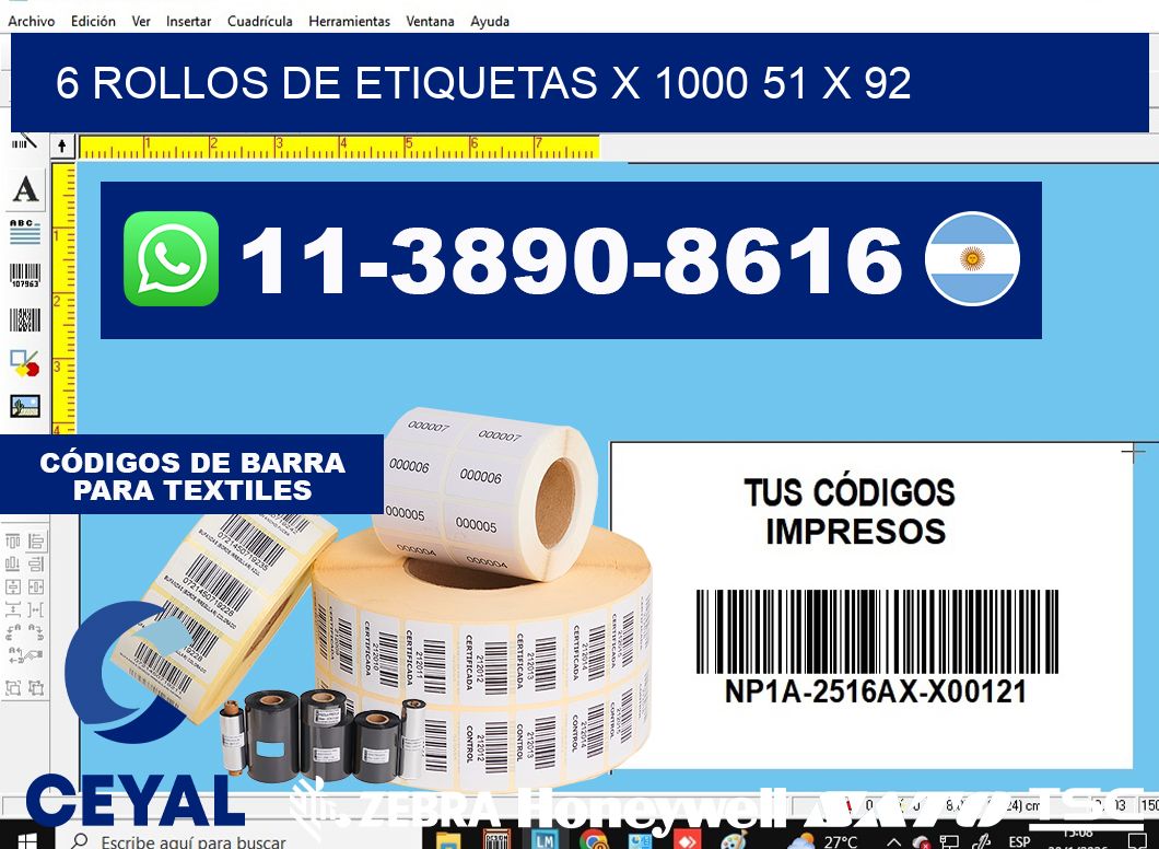6 rollos de etiquetas x 1000 51 x 92