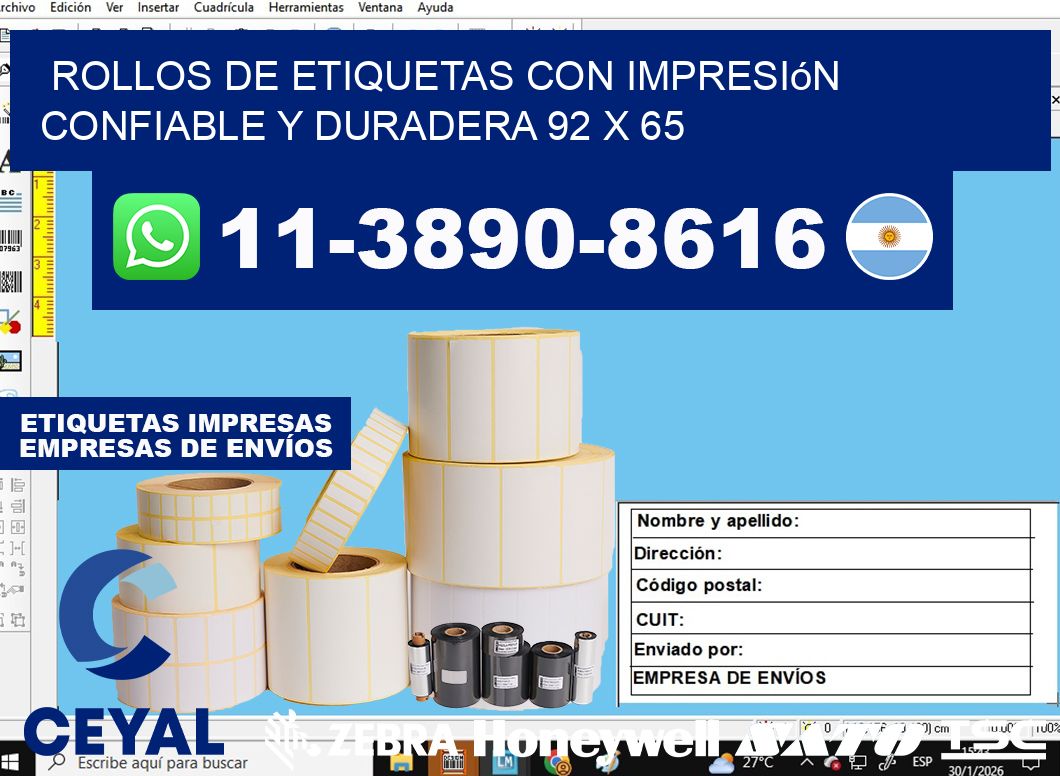 rollos de etiquetas con impresión confiable y duradera 92 x 65
