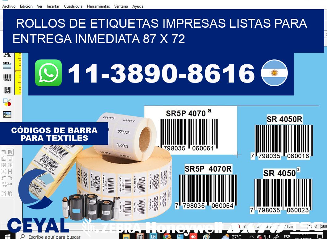rollos de etiquetas impresas listas para entrega inmediata 87 x 72