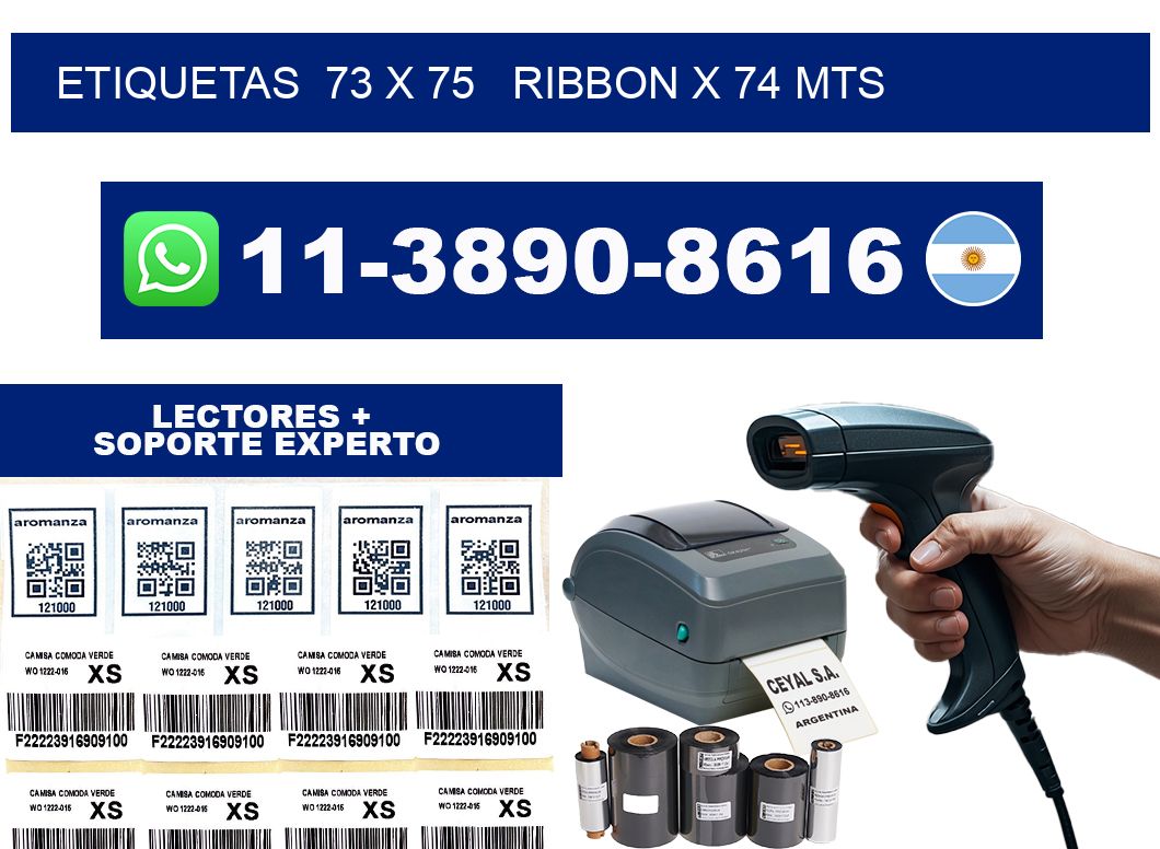 etiquetas  73 x 75   ribbon x 74 mts